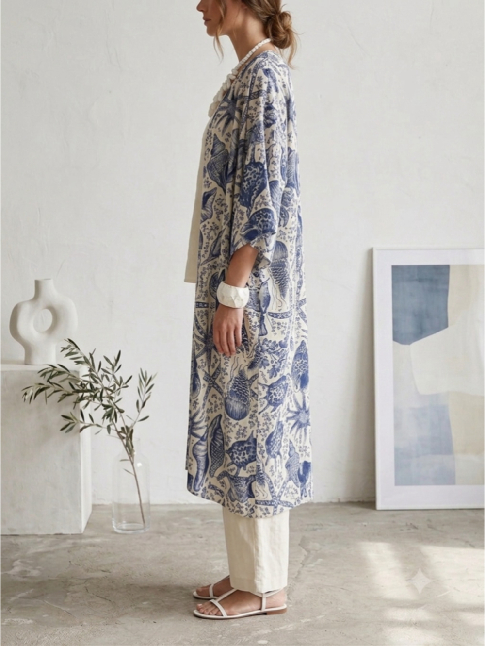 NWT Attitudes by Renee Kimono Duster Cardigan L Shell Seashell Blue White Coasta - Picture 2 of 8